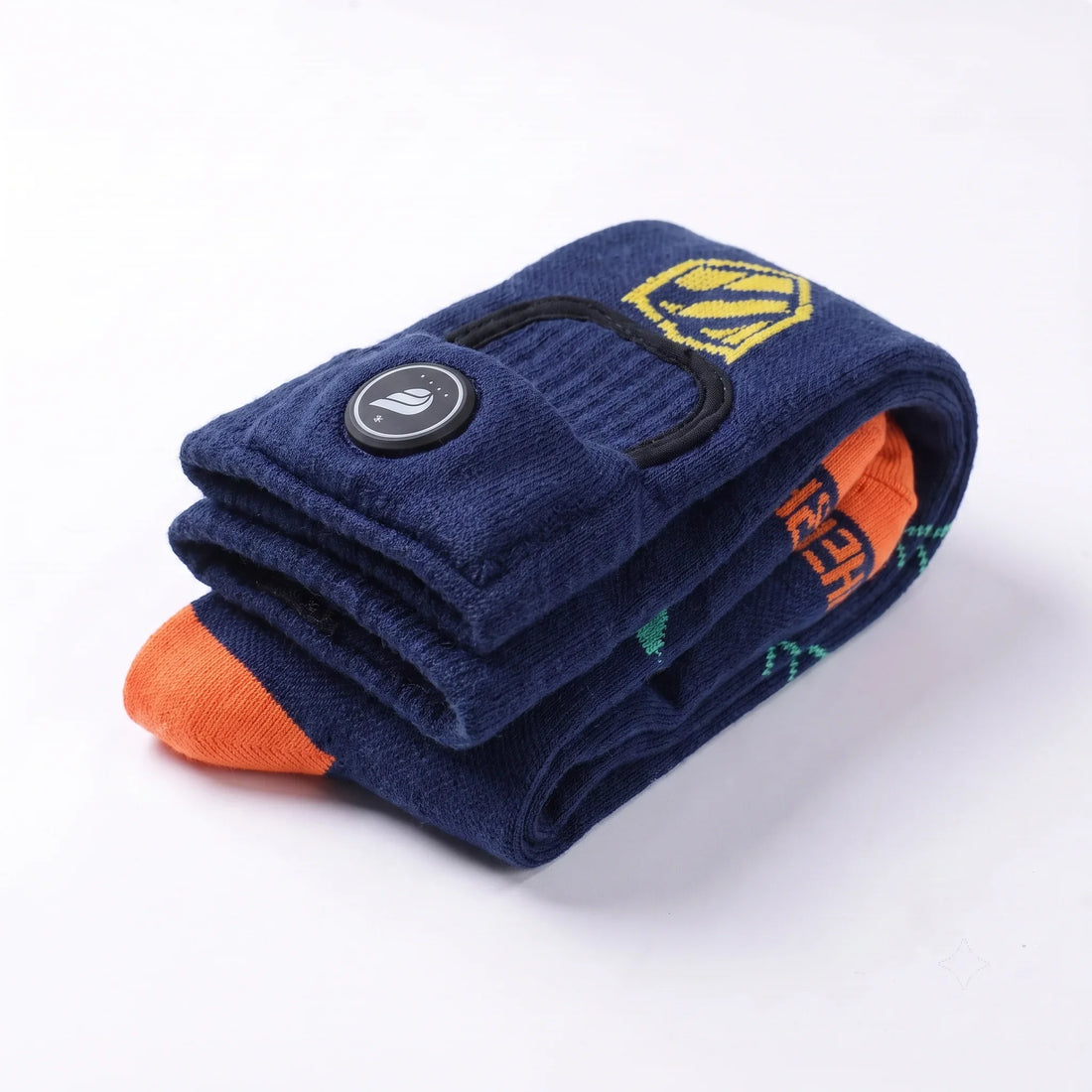 Opgevouwen verwarmde skisokken navy met groen/oranje print