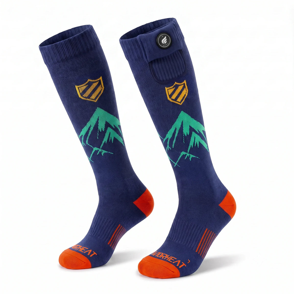 Verwarmde skisokken met app navy met groen/oranje print